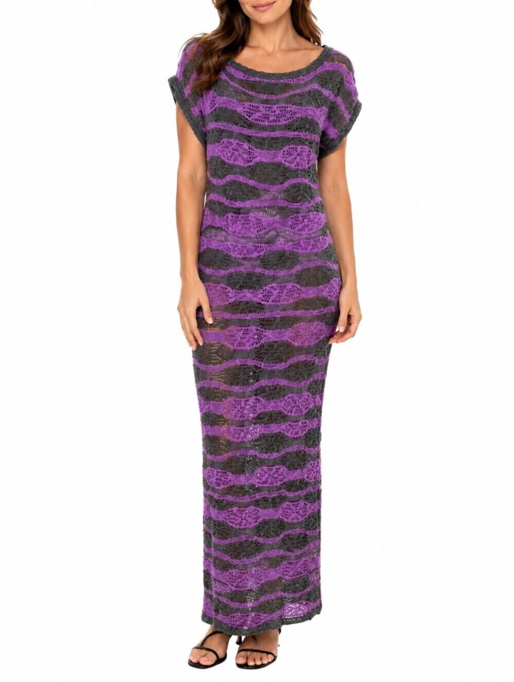 Vertigo Woven Striped Serpentine Knit Two Tone Purple /Brown Maxi Dress